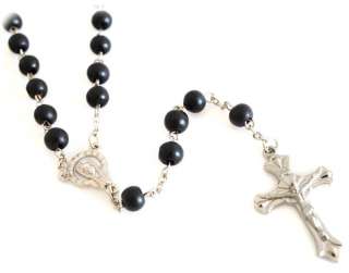 Mans Black Wooden Rosary Necklace Beaded Chain Crucifix  