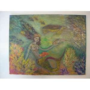  ORIGINAL OIL PAINTING ABSTRACTION MERMAID IN THE SEA WORLD 