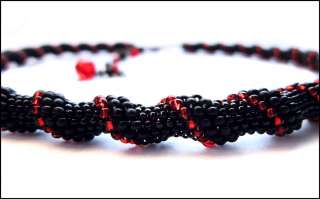 Necklace seed beads tubular peyote Gothic black red  