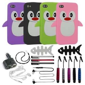 4S, 4 Color Penguin Silicone Cases + 3 Screen Protectors + Neck 