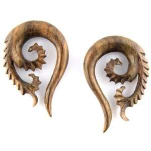 Hand Carved Sono Wood Fractal Fern Filigree Earrings   Gauge 10mm 