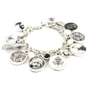   Charm Bracelet on Linked Antique Silver Chain with Crystal and Faux