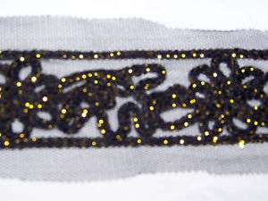 yds BLACK sheer lace/trim black/gold embroidery 2.5  