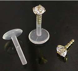 BioPlastic Labret with 14kt Yellow Gold Prong CZ 16g  