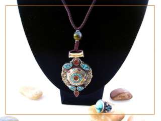Vintage Tibetan Silver Turquoise Box Necklace Ring Set  
