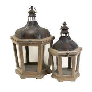  Set of 2 White Washed Wood Pillar Candle Lanterns with 