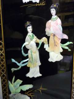 VINTAGE JAPANESE GEISHA BLACK LACQUER MOTHER OF PEARL SHELL 4 PANEL 