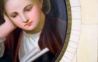   PORCELAIN HAND PAINTED PLAQUE SCHOLARLY BOY READING A BOOK NR  