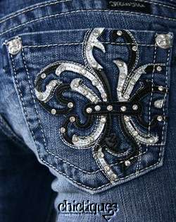 Miss Me Jeans Crystal Leather Black & Silver Fleur de Lis Boot Cut 