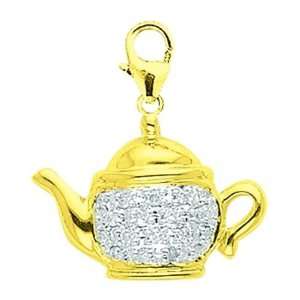 14K Gold 1/10ct HIJ Diamond Tea Pot Spring Ring Charm 