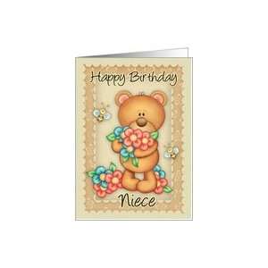 Niece Birthday Card With A Bunch Of Birthday Hugs   Bear With Flowers 