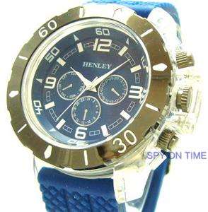 HENLEY MENS ROUND BLUE DIAL WATCH WITH BLUE RIBBED RUBBER STRAP BNIB 