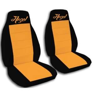  2 black and orange Angel car seat covers for a 2003 Mini Cooper 