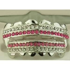 GRILLZ Pink Cz HIP HOP Vampire Silver Tone Top and Bottom Mouth Grillz 