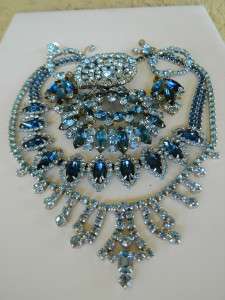 Vintage Weiss Sapphire blue iced rhinestone necklace,Tiered brooch 
