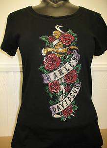 Womans Harley Davidson Black T Shirt with Blinged Sword & Roses 