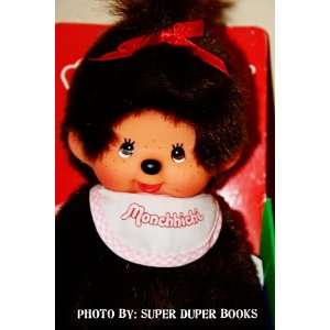  Monchhichi Brown Furry Baby with Bib and Red Bow in Hair 