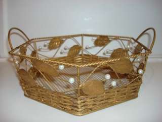 VINTAGE GOLD METAL WIRE GIFT BASKET WHITE BEADS LEAVES  