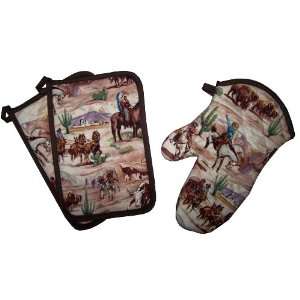  Sassy Cookn Rideem Cowboys 3 Piece Potholder and Oven 