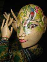 Rainforest Tattoo Face puppet Doll Ikat~Balinese painting carved wood 
