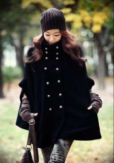   Women Double Breasted Bat Wing Sleeves Military Coat Poncho Cape
