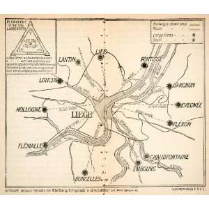  1914 Lithograph Map Battle Liége Belgium World War I 