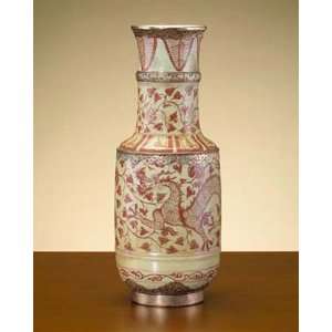 Tan Urn with Red Flowers and Brass Trim 