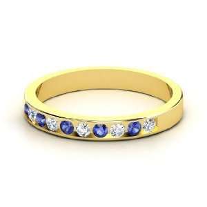  Slim Band, 14K Yellow Gold Ring with Diamond & Sapphire 