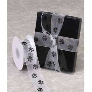  Sheer White Organza Ribbon with Black Paw Prints 1 1/2 X 