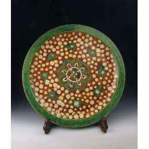  one Tri colored Pottery Plate with Longevity motif, Chinese 