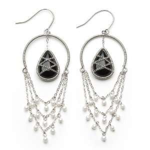   Earrings with Mini White Freshwater Pearls, and Tear Drop Onyx