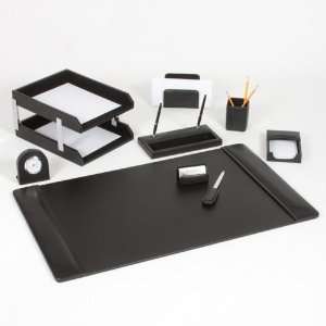   Black Leather 11 Piece Desk Set with Silver Accents: Office Products