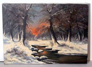 de Winter Snow Scene Woodland Sunset Oil Painting  
