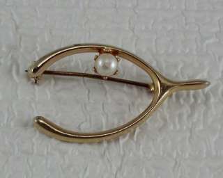 Vintage wishbone Brooch Pin Faux Pearl Jewelry Goldtone  