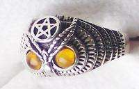 Sterling Silver Horned Owl Ring with Pentagram and Carnelian Eyes