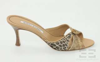 Manolo Blahnik Tan Leather Lizard and Woven Strap Slide Heels Size 38 