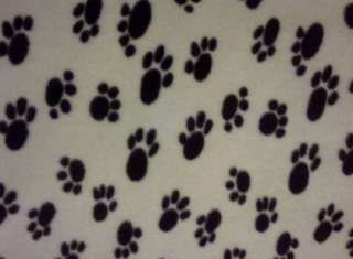 Cute puppy fleece fabric: white with black paw print  