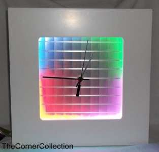SQUARE WHITE WOOD W/ NEON LIGHTS WALL CLOCK  