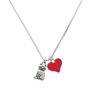  2 D Silver Fat Cat and Red Heart Charm Necklace Jewelry