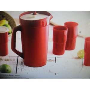   Quart Red Pitcher and Four 12 Ounce Red Tumblers 