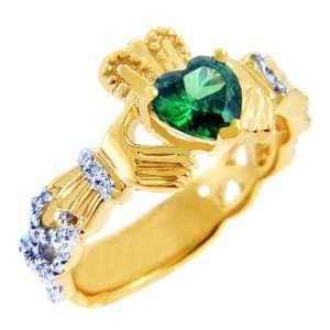 Gold Diamond Claddagh Ring 0.40 Carats with Emerald Colored Stone (14K 