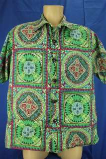 Vintage Bright Green Island Polynesian Inspired SS Button Up Shirt XL 