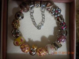 AUTHENTIC Pandora Pink Leather Bracelet PLUS bead & charms extras 