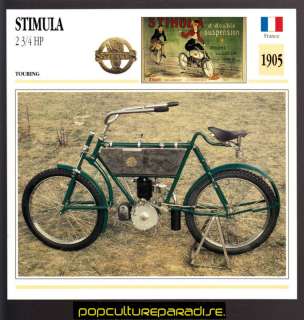 1905 STIMULA 2 3/4 HP France MOTORCYCLE ATLAS SPEC CARD  