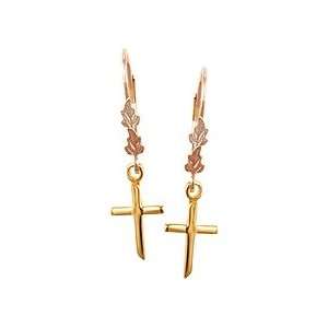   ! Yellow gold Black Hills Gold Two Leaf Cross Earrings: Jewelry