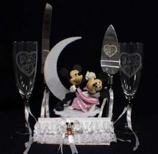 Mickey Mouse Wedding Cake Topper LOT Glasses Knife set  