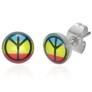   Stainless Steel Multi Colour Peace Sign Circle Pair of Stud Earrings