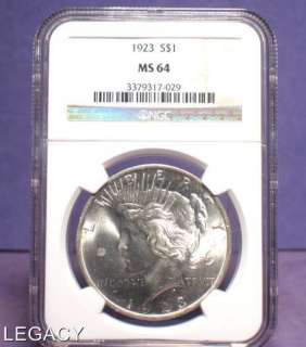 1923 P SILVER PEACE DOLLAR NGC MS 64 90% SILVER (YP+  