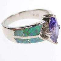 GREEN CREATED OPAL W/ CZ 925 STERLING SILVER RING S7  