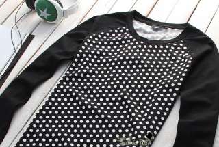 Mens Japanese Style Polka Dot Black Long Sleeve T Shirt  